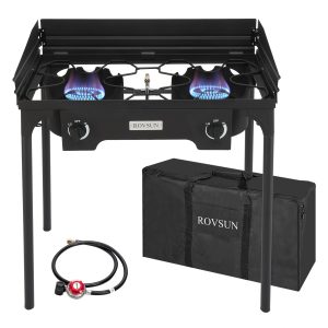 2 Burner Propane Camping Stove + Windscreen + Bag, 150,000BTU Outdoor Gas Cooker.