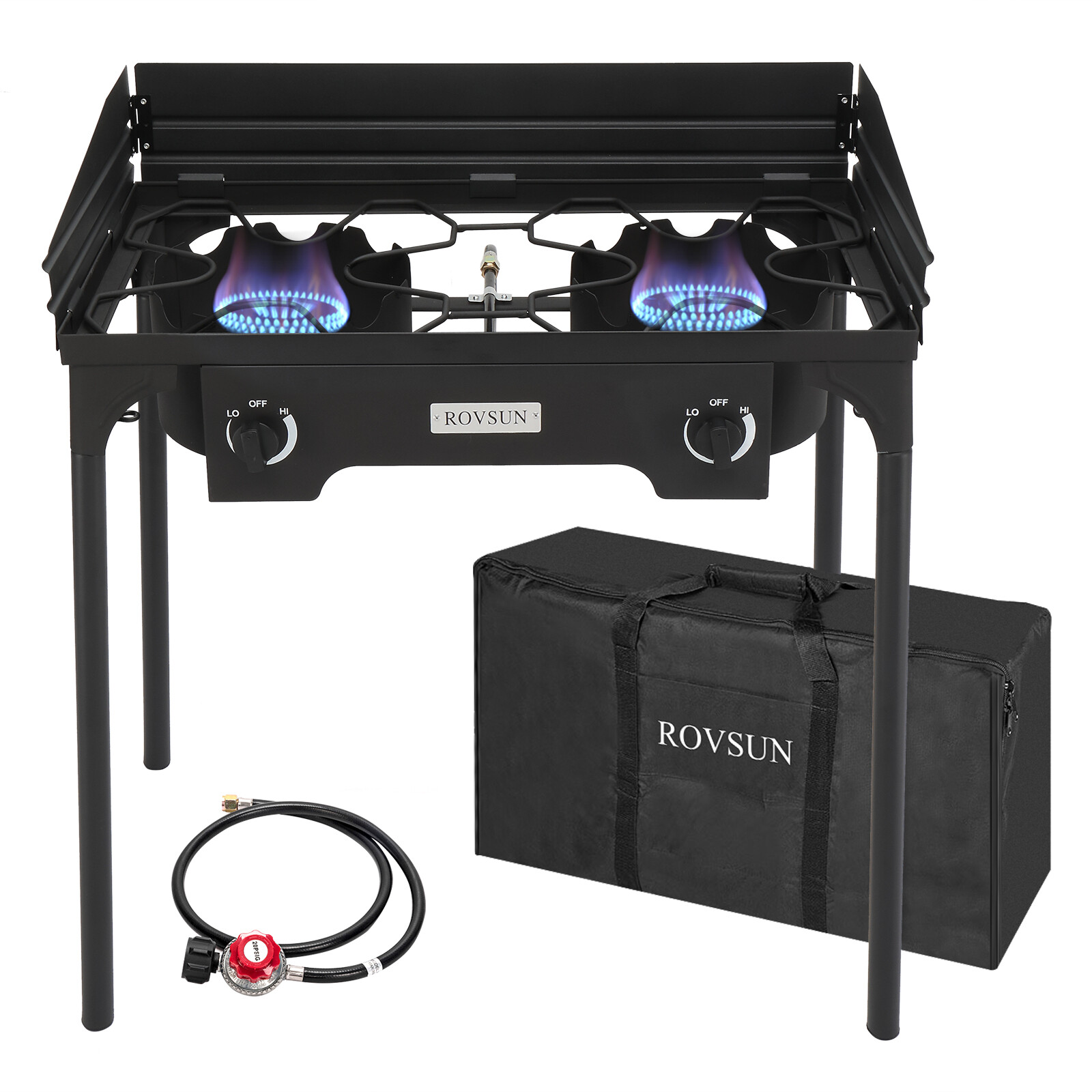 2 Burner Propane Camping Stove + Windscreen + Bag, 150,000BTU Outdoor Gas Cooker