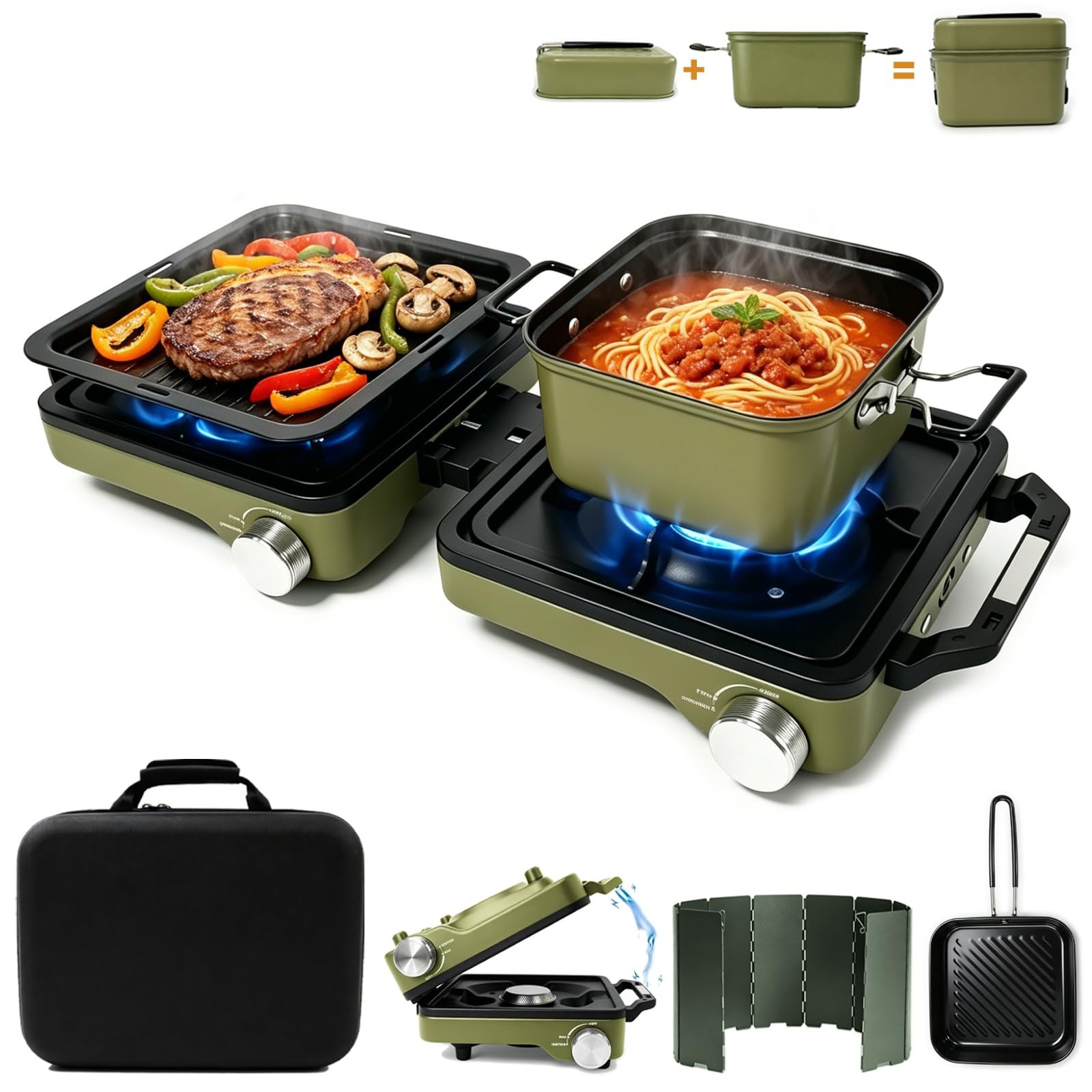 2 Burner Camping Stove with 2-In-1 Cookware Set, 24000 BTU Propane Gas Stove,…