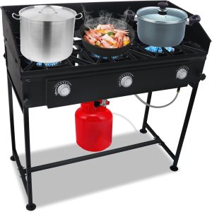 Three Burner Propane Outdoor Camping Stove – 2,25,000 High BTU – with Wind Panel.