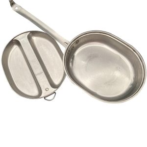 NEW VINTAGE 2 PIECE STAINLESS STEEL USGI FIELD MESS KIT 1982 CAMPING COOKWARE.