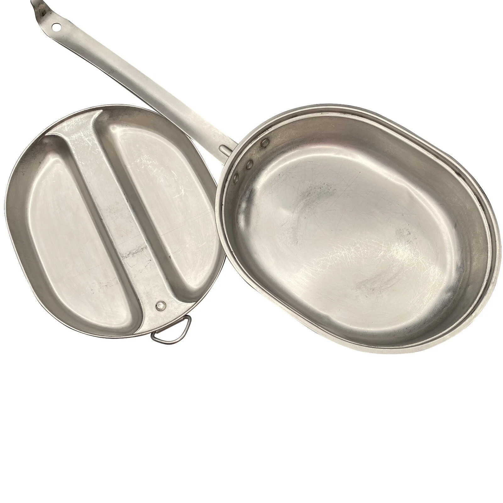 NEW VINTAGE 2 PIECE STAINLESS STEEL USGI FIELD MESS KIT 1982 CAMPING COOKWARE