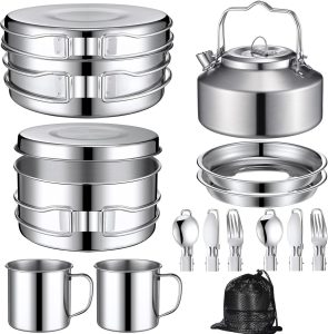 15 Pcs Camping Cookware Mess Kit Outdoor Cooking Set Stainless Steel with Pot.
