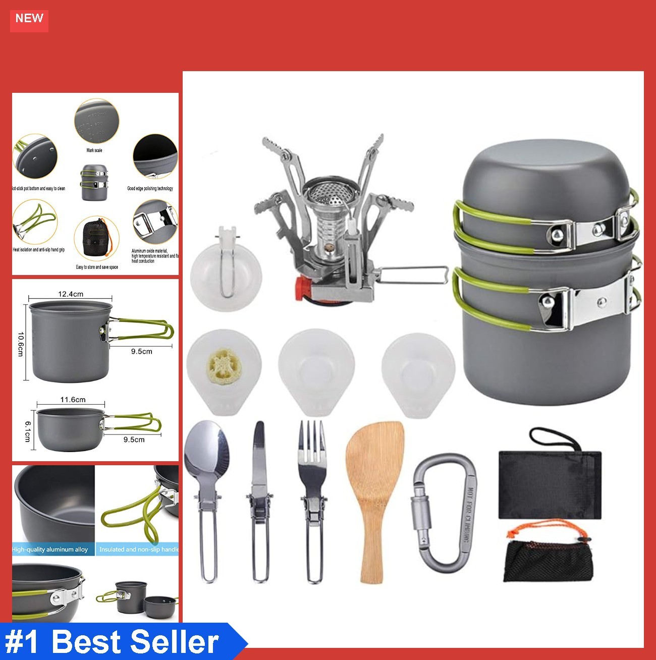 Camping Cookware Mess Kit Portable Pots Pans Set Carabiner Folding Knife Fork