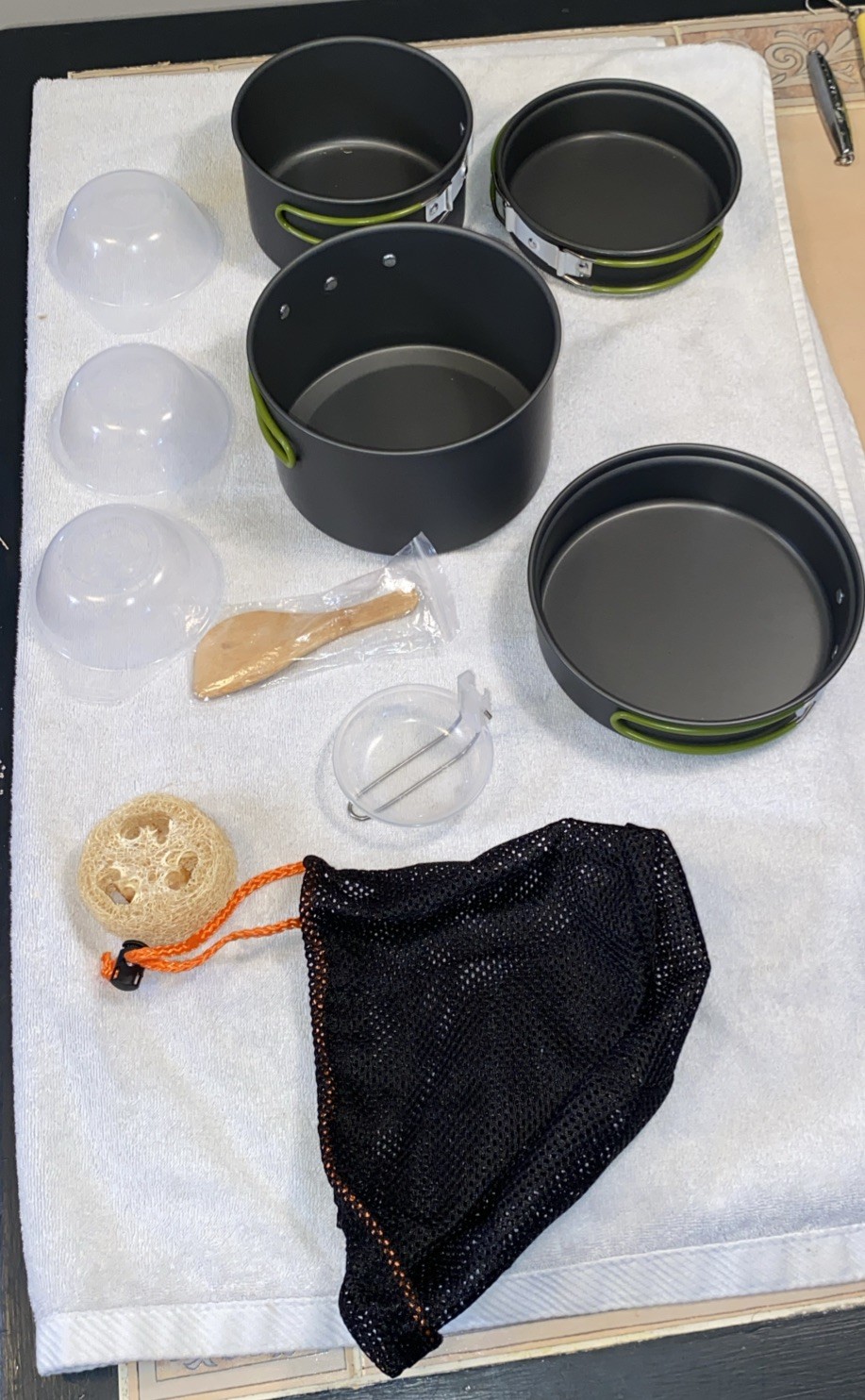 New In Bag Camping Cookware Mess Kit Backpacking Cook Set with Pots, Pans, Etc