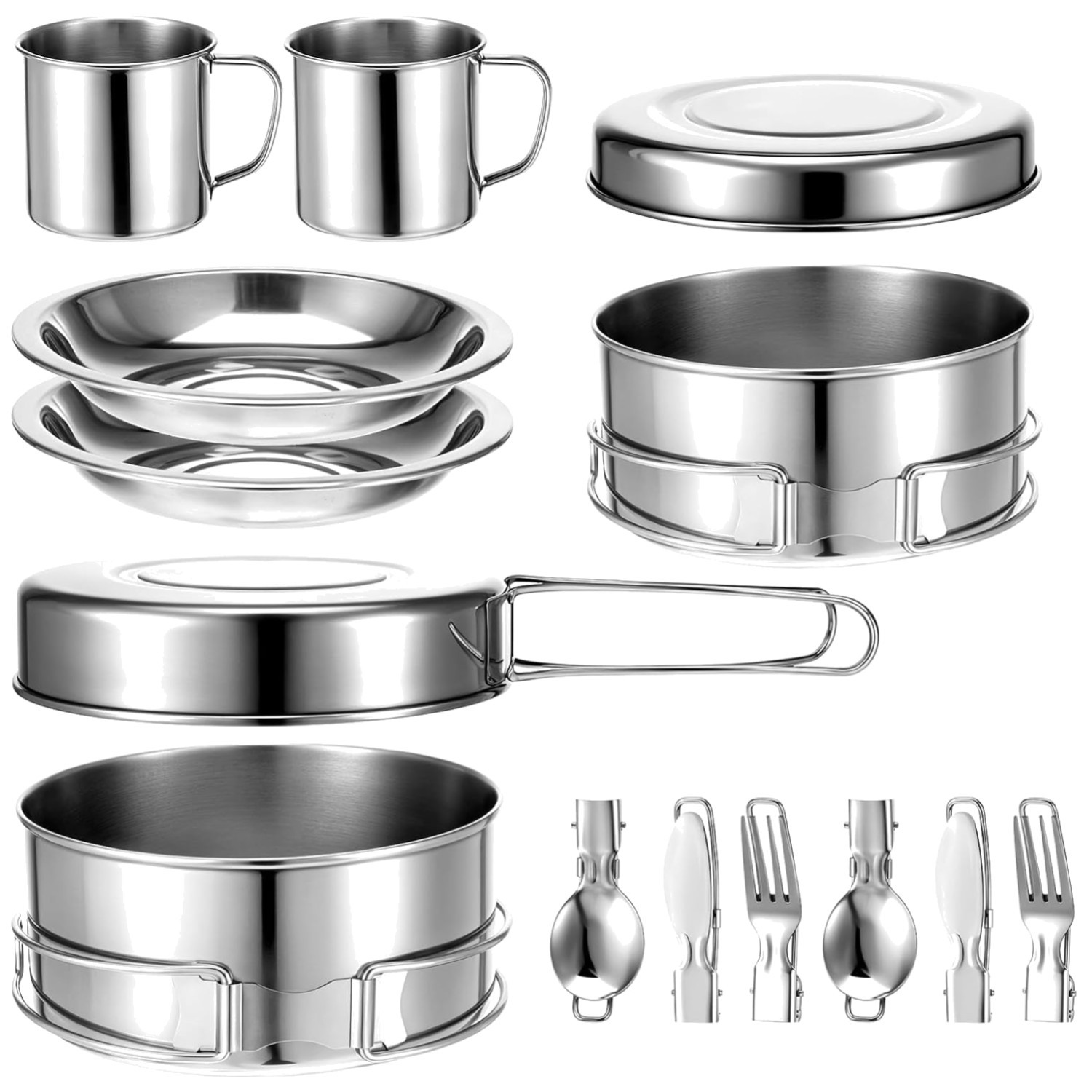 14Pcs Stainless Steel Camping Cookware Set, Lightweight Compact Camping Pots Pan