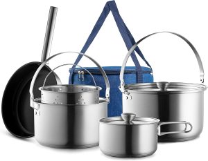 8-Piece Stainless Steel Camping Cookware Set with Travel Tote Bag.