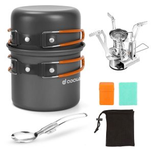 Odoland 6pcs Camping Cookware Mess Kit with Lightweight Pot, Stove.