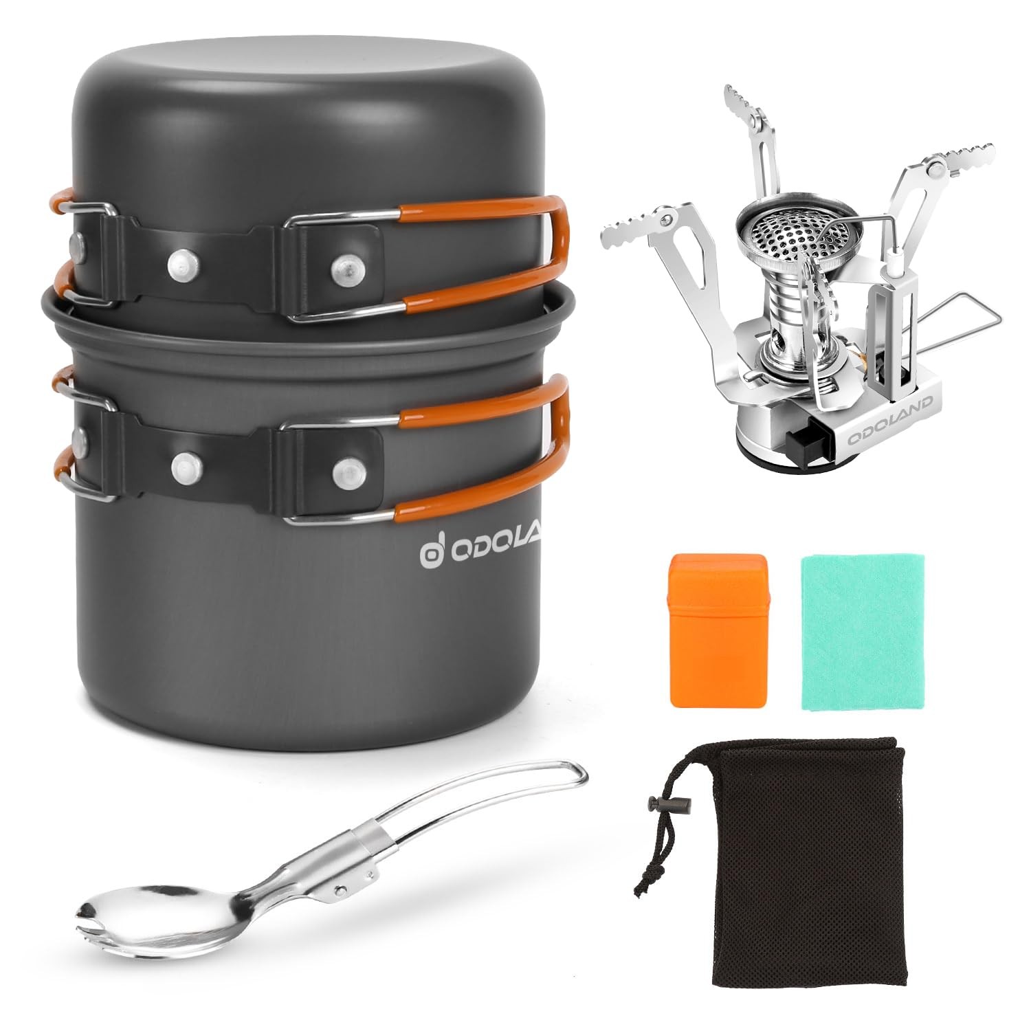 Odoland 6pcs Camping Cookware Mess Kit with Lightweight Pot, Stove, Spork and…