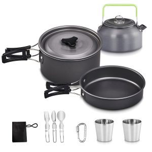Camping Cookware Mess Kit 10 PCS with Pot Fork, Mesh Bag for Outdoor Picnic.