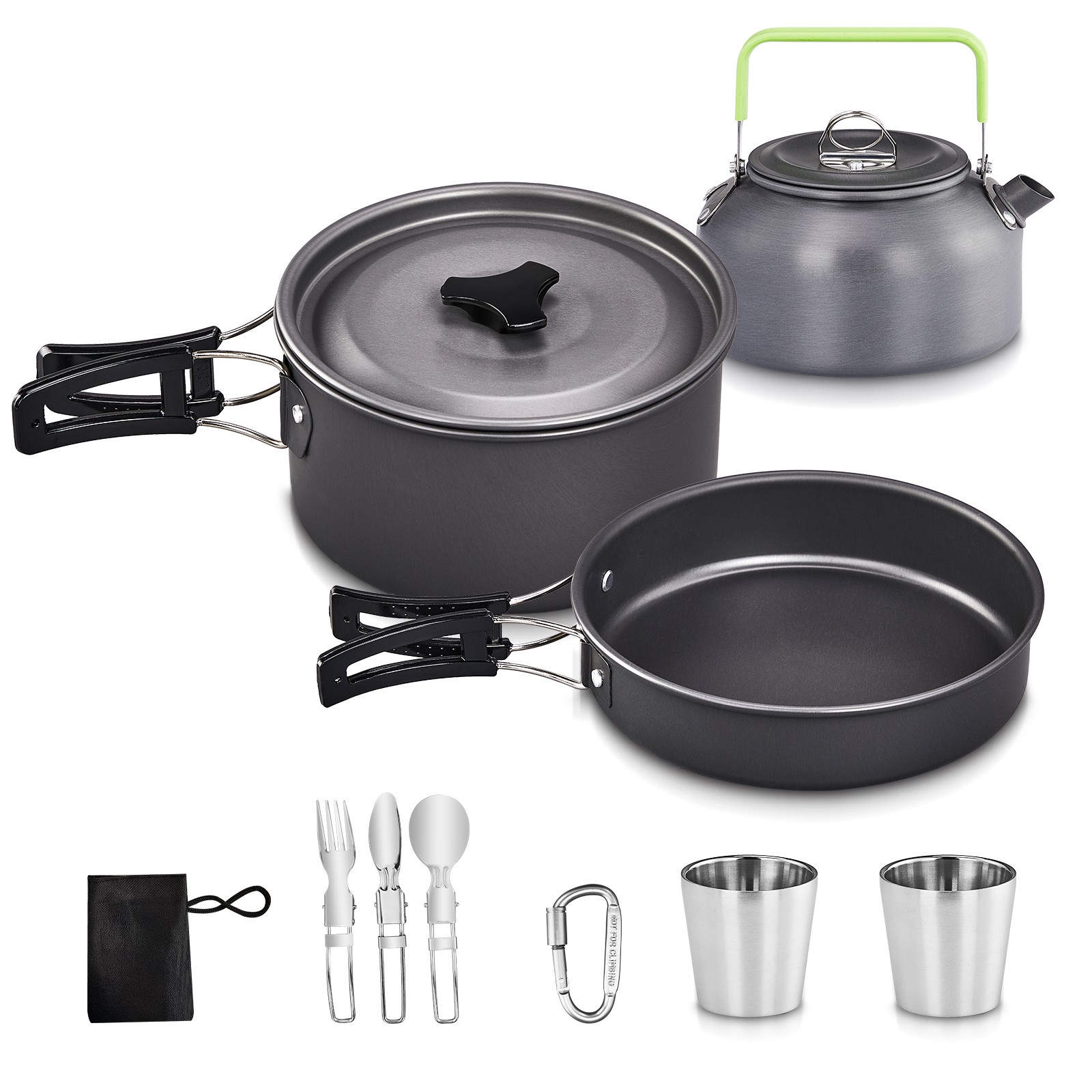 Camping Cookware Mess Kit 10 PCS with Pot Fork, Mesh Bag for Outdoor Picnic