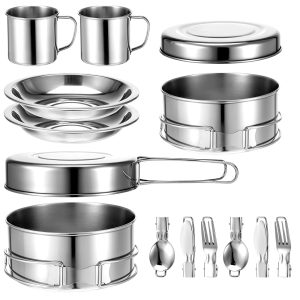 14Pcs Stainless Steel Camping Cookware Set, Lightweight Compact Camping Pots Pan.