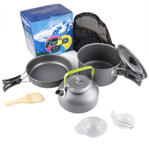 10-Pc Folding Camping Cookware Set: Pot, Pan, Teapot – Lightweight & Compact.