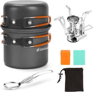 6Pcs Camping Cookware Mess Kit with Lightweight Pot and Stove.