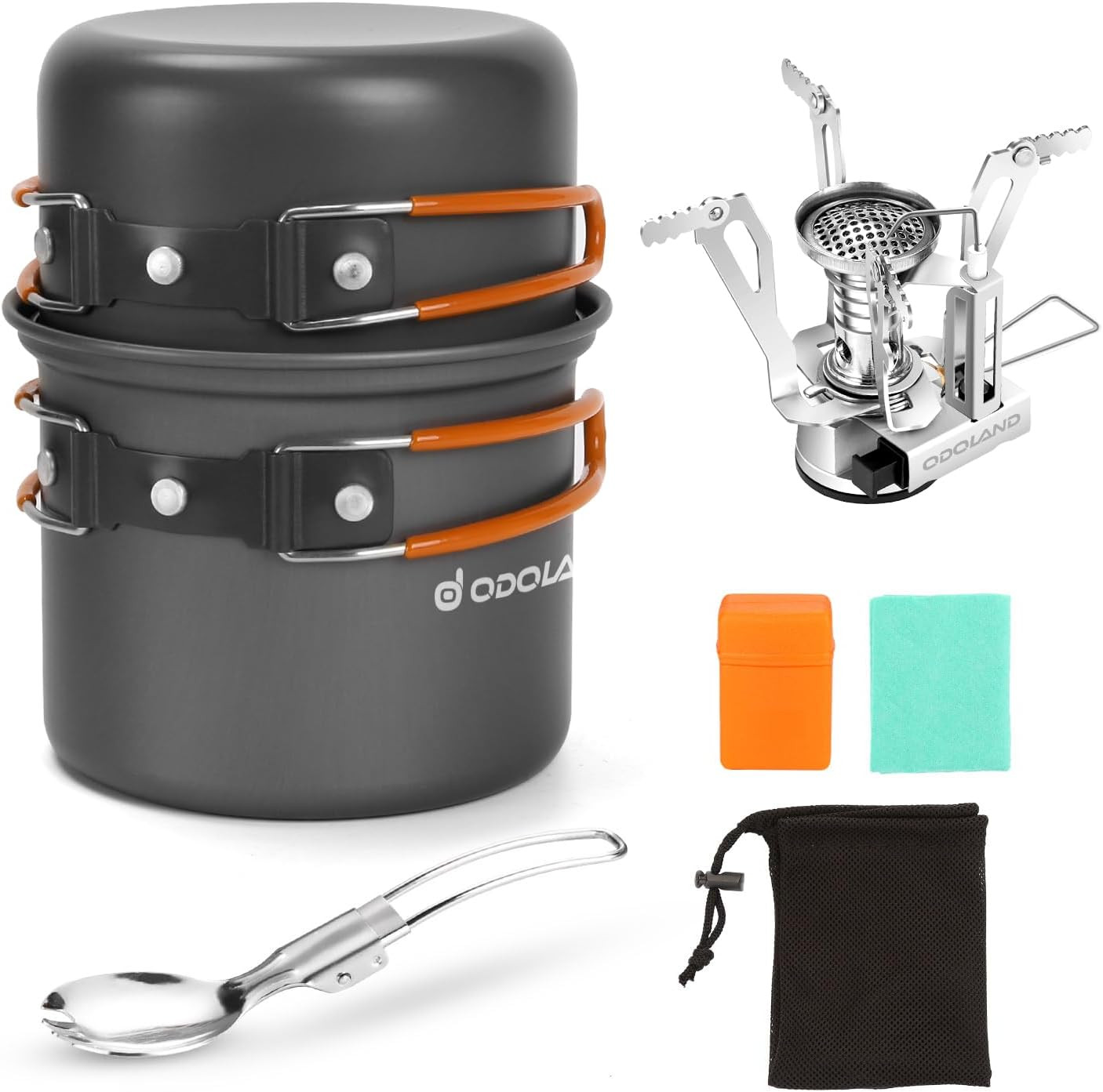 6Pcs Camping Cookware Mess Kit with Lightweight Pot, Stove, Spork and Carry Mesh