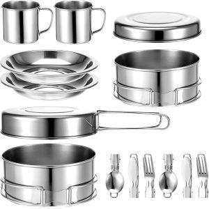 14Pcs Stainless Steel Camping Cookware Set, Lightweight Compact Camping Pots Pan.