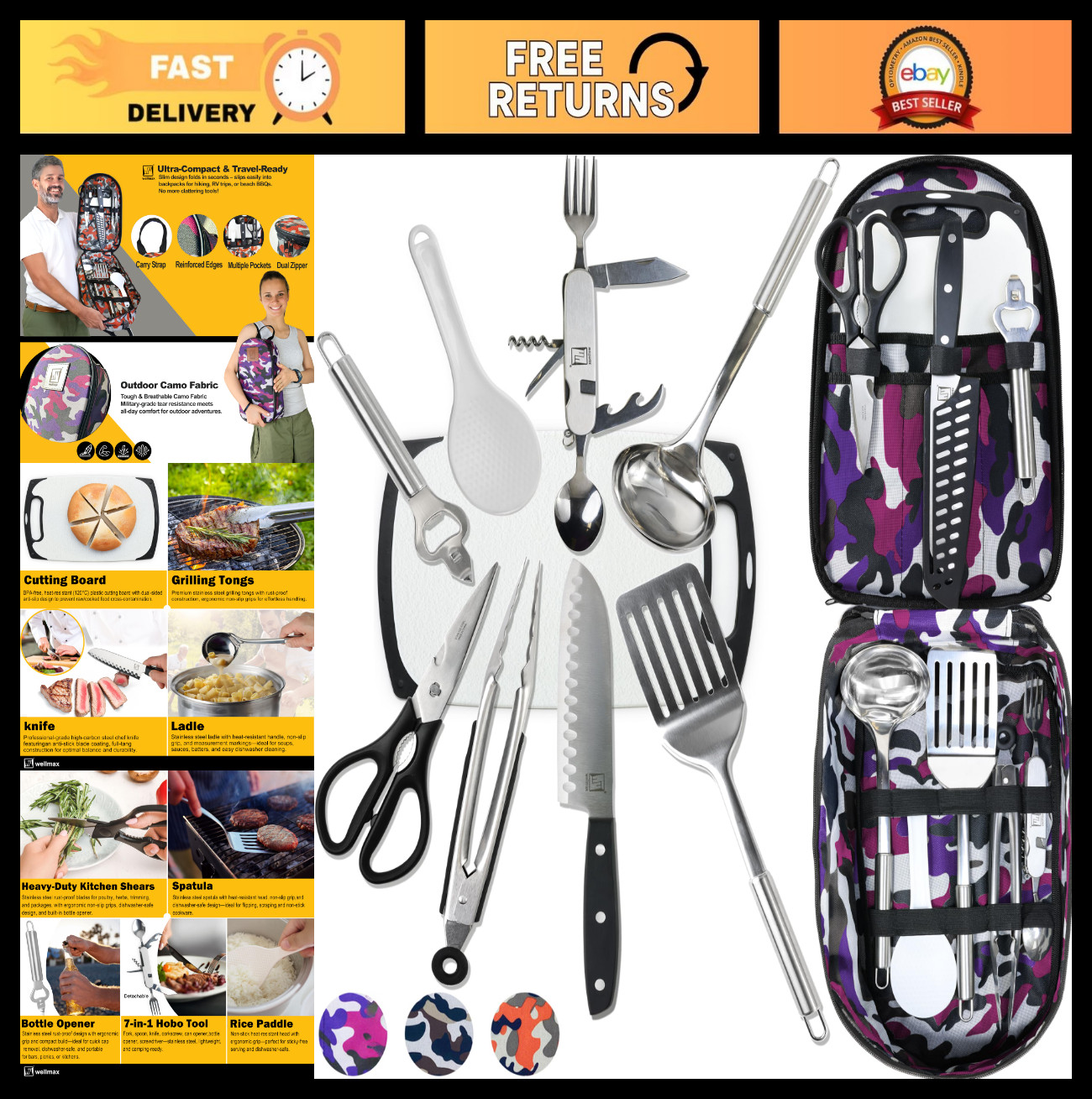 10-Piece Stainless Steel Camping Cookware Set – Compact Kit with Utensils & Bag,
