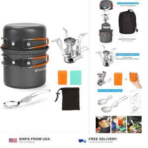 Odoland 6pcs Camping Cookware Mess Kit with Lightweight Pot.