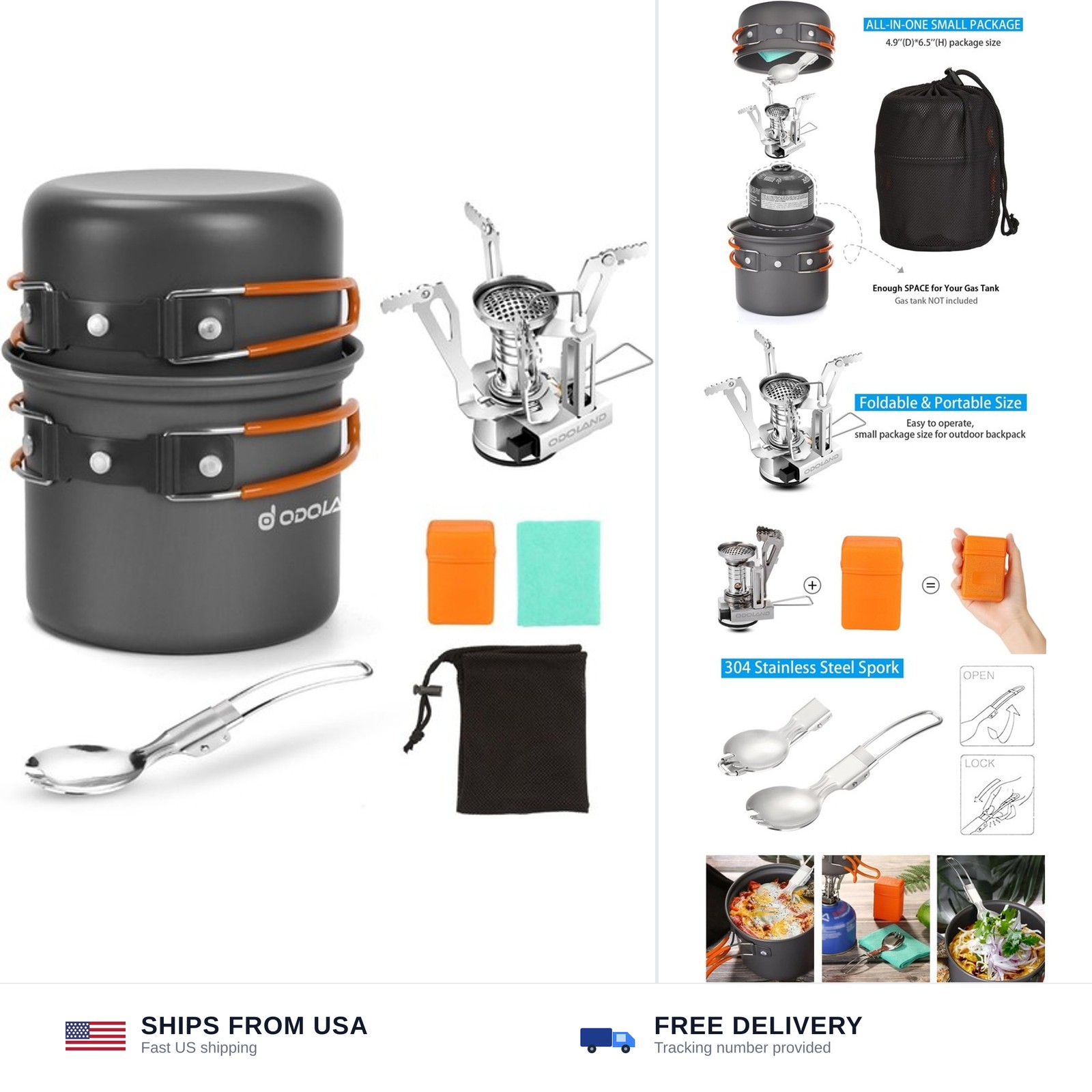 Odoland 6pcs Camping Cookware Mess Kit with Lightweight Pot, Stove, Spork and…