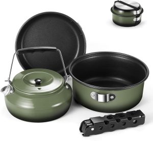 5Pcs Camping Cookware Non-Stick Camping Pot and Pan Set with Kettle and Removable Handle.