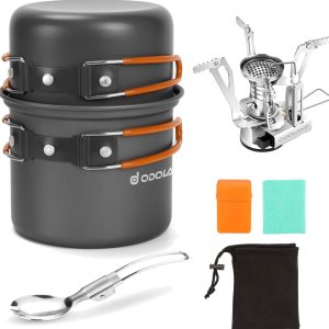 6pcs Camping Cookware Mess Kit with Lightweight Pot and Stove.