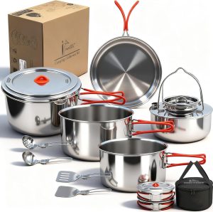 Compact 11-Pc Stainless Steel Camping Cookware Set with Carry Bag for 4-8 People.