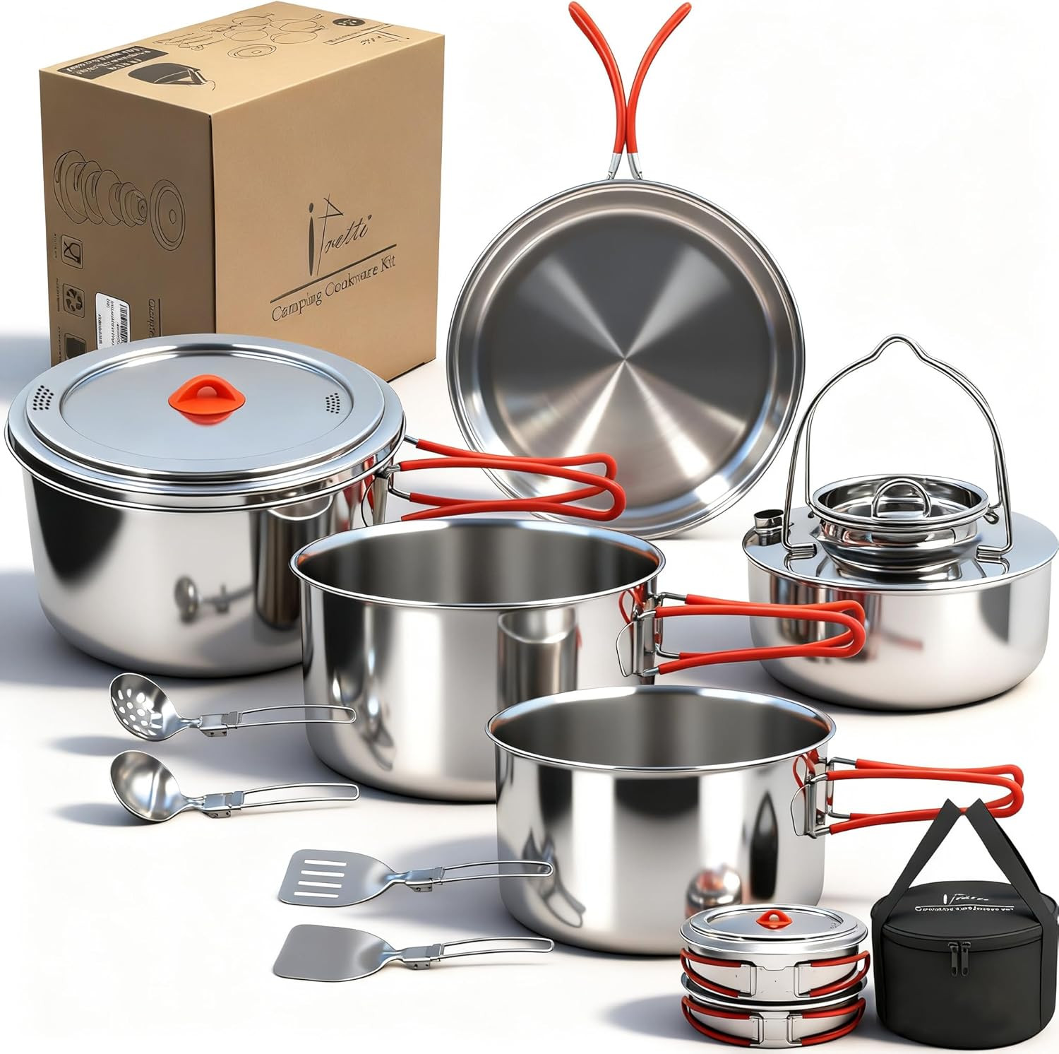 Compact 11-Pc Stainless Steel Camping Cookware Set with Carry Bag for 4-8 People.
