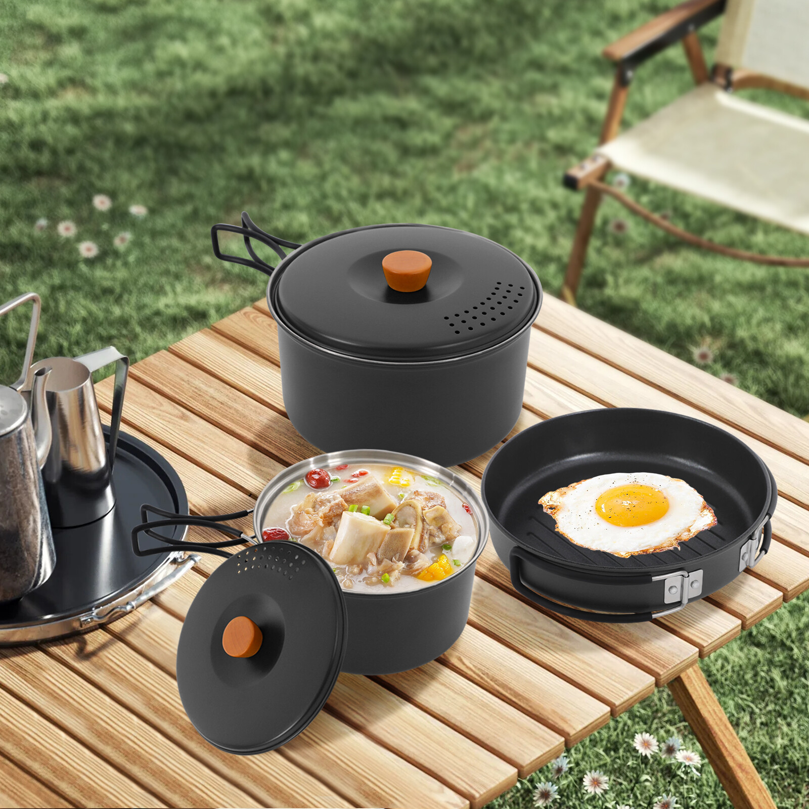 Camping Cookware Set, Camping Cooking Set, Stainless Steel Camping Pots Black..