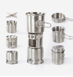 Portable 304 Stainless Steel Camping Cookware Set with Wood Stove Hiking Tool.