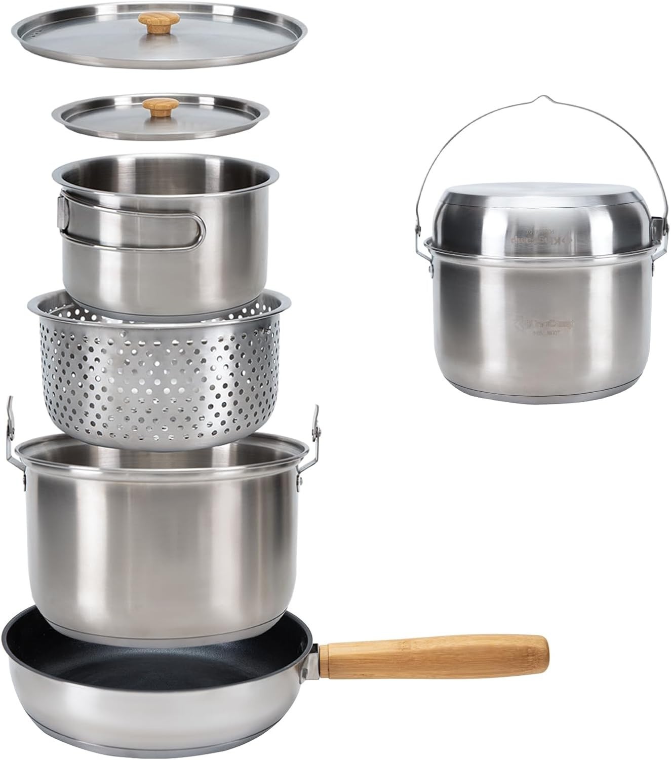 Camping Cookware Set 304 Stainless Steel Campfire Cooking Pots Pan and Kettle wi.
