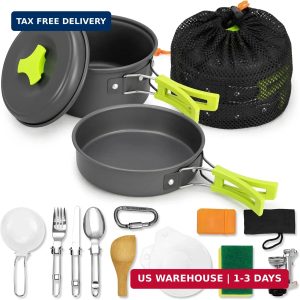15pcs Camping Cookware Mess Kit, Non-Stick Lightweight Pot Set, Portable Outdoor.
