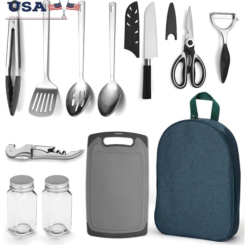 Camping Kitchen Utensil Set Stainless Steel Portable Cutlery Outdoor Cooking New.