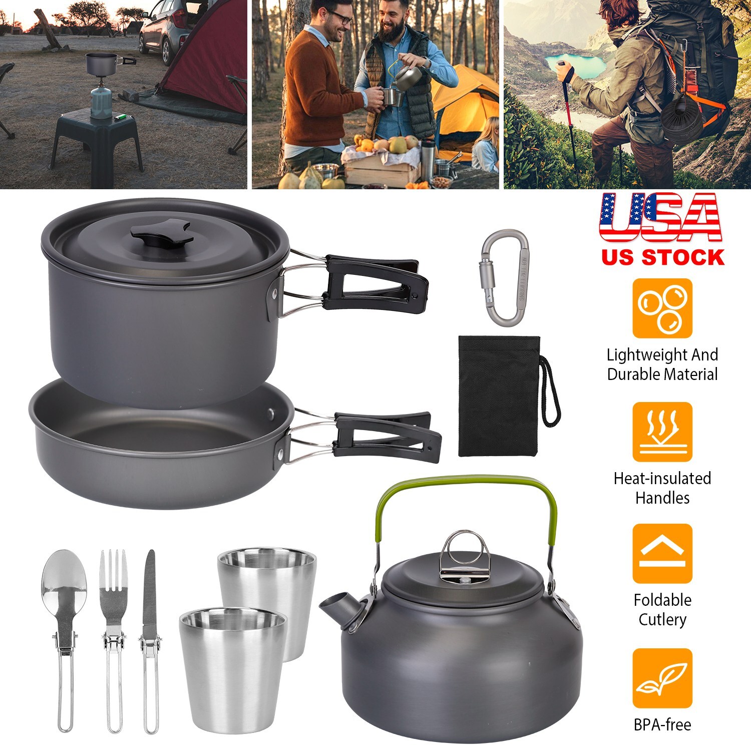 12Pcs Aluminum Camping Cookware Set Picnic Camping Outdoor Portable Pot Pans Kit.