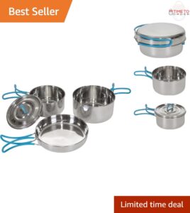 Stainless Steel Camping Cookware Set 5 Piece Portable Nesting Mess Kit.