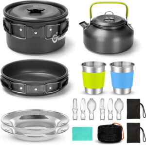 Odoland 15pcs Camping Cookware Mess Kit, Non-Stick Lightweight Pot Pan Kettle Set.