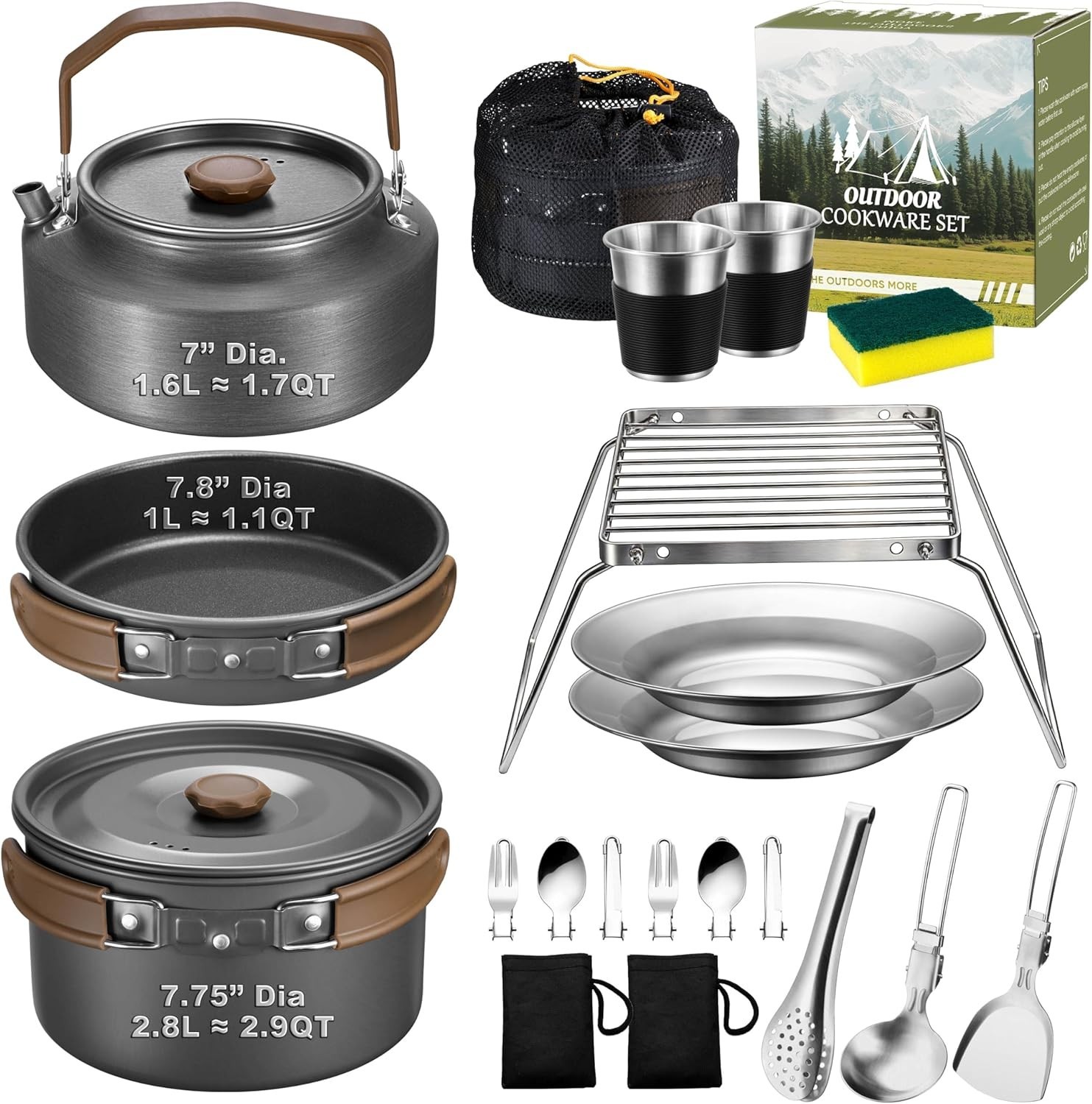 18Pcs Camping Cookware Mess Kit, 7.8” Nonstick Camp Cooking Utensil Set (Pot, P.