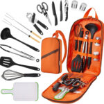 Camping Cooking Set, Stainless Steel Silicone Utensil Kit with Storage Bag, 15.