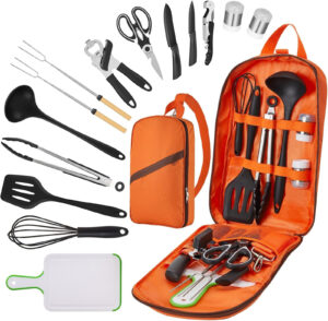 Camping Cooking Set, Stainless Steel Silicone Utensil Kit with Storage Bag.