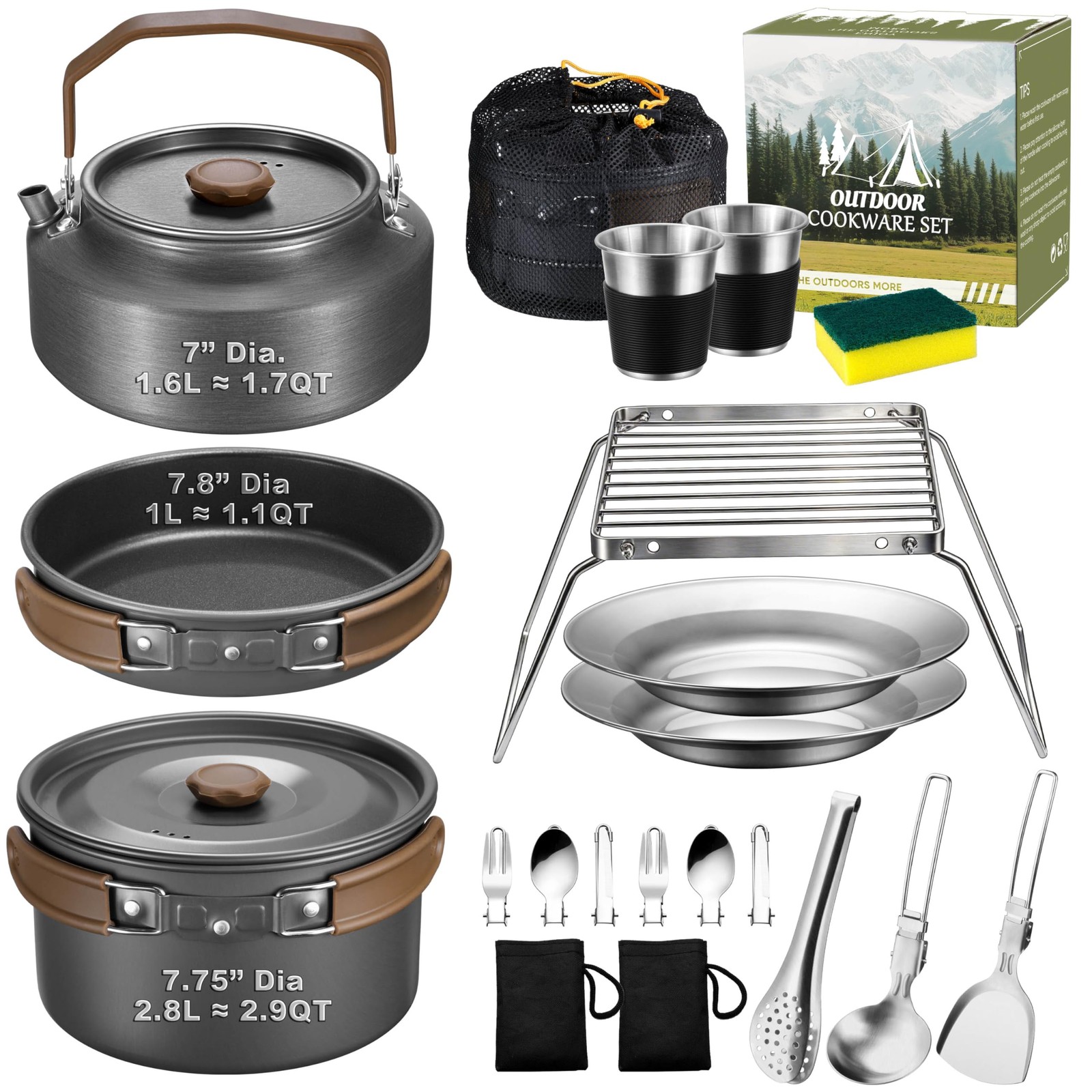 18Pcs Camping Cookware Mess Kit, 7.8” Nonstick Camp Cooking Utensil Set Pot, ….